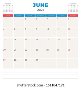 Calendar planner for June 2021. Week starts on Sunday. Printable vector stationery design template