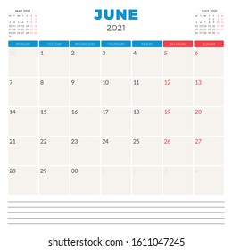 Calendar planner for June 2021. Week starts on Monday. Printable vector stationery design template