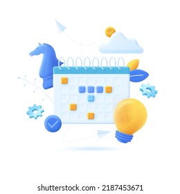 "
Calendario o planificador, pieza de ajedrez de caballero, marca de verificación, bombilla. Concepto de planificación estratégica de proyectos, tácticas comerciales, logro de objetivos. Ilustración vectorial moderna en pseudo estilo 3d para banner".