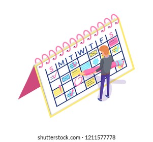 Calendar planner and man creating appointment event vector. Worker organizing workplace by scheduling business meeting. Person with weekly timetable