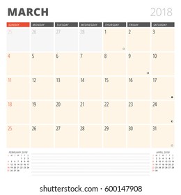 Calendar Planner for March 2018. Design Template. Week Starts on Sunday. 3 Months on the Page