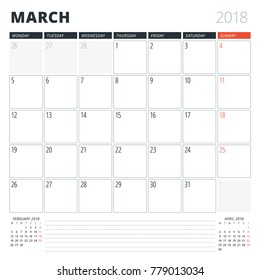 Calendar Planner for March 2018. Design Template. Week Starts on Monday. 3 Months on the Page