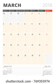 Calendar Planner for March 2018. Print Design Template. Week Starts on Monday. Vector Illustration. Stationery Design