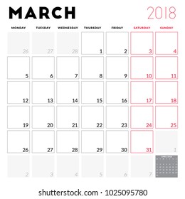 Calendar planner for March 2018. Week starts on Monday. Printable vector design template. Stationery design