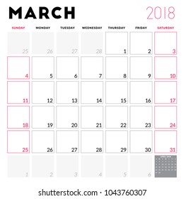 Calendar planner for March 2018. Week starts on Sunday. Printable vector design template. Stationery design