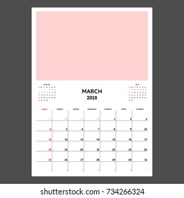 Calendar Planner for March 2018. Week starts on Sunday. Template with place for photo.