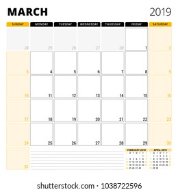 Calendar planner for March 2019. Stationery design template. Week starts on Sunday. 3 months on the page. Vector illustration