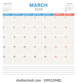 Calendar planner for March 2019. Week starts on Monday. Printable vector stationery design template