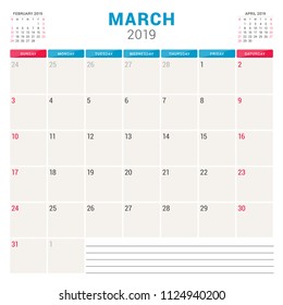 Calendar planner for March 2019. Week starts on Sunday. Printable vector stationery design template