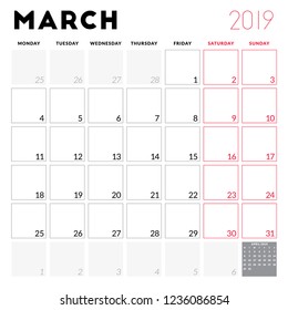 Calendar planner for March 2019. Week starts on Monday. Printable vector stationery design template