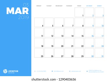 Calendar planner for March 2019. Week starts on Monday. Printable vector stationery design template