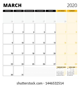 Calendar planner for March 2020. Stationery design template. Week starts on Monday. Vector illustration