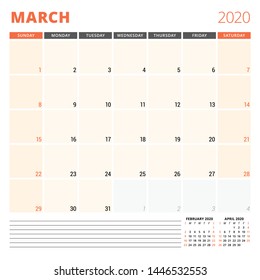 Calendar planner for March 2020. Stationery design template. Week starts on Sunday. Vector illustration