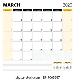 Calendar planner for March 2020. Stationery design template. Week starts on Sunday. Vector illustration
