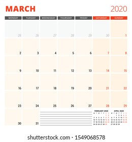 Calendar planner for March 2020. Stationery design template. Week starts on Monday. Vector illustration