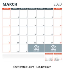 Calendar planner for march 2020. Stationery design template. Week starts on Sunday. Vector illustration