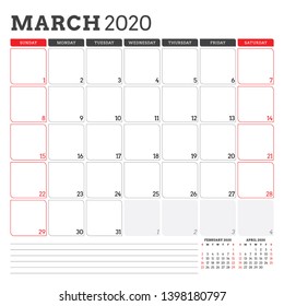 Calendar planner for March 2020. Week starts on Sunday. Printable vector stationery design template