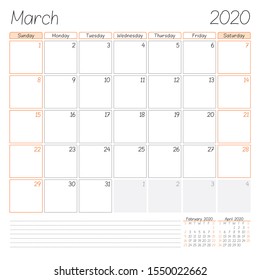 Calendar planner for March 2020. Week starts on Sunday. Vector illustration