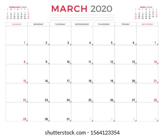 Calendar planner for March 2020. Week starts on Sunday. Printable vector stationery design template