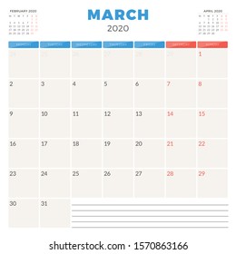 Calendar planner for March 2020. Week starts on Monday. Printable vector stationery design template