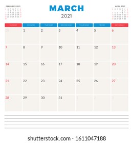 Calendar planner for March 2021. Week starts on Sunday. Printable vector stationery design template