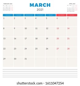 Calendar planner for March 2021. Week starts on Monday. Printable vector stationery design template