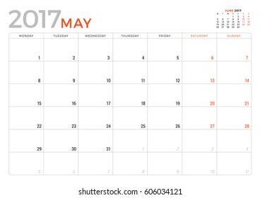 Calendar Planner for May 2017 Year. Vector Design Template. Week Starts Monday. 2 Months on Page. Stationery Design