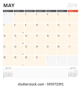 Calendar Planner for May 2018. Design Template. Week Starts on Monday. 3 Months on the Page. Phases of the Moon.
