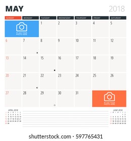 Calendar Planner for May 2018. Design Template. Week Starts on Sunday. 3 Months on the Page. Phases of the Moon.