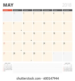 Calendar Planner for May 2018. Design Template. Week Starts on Sunday. 3 Months on the Page
