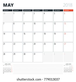 Calendar Planner for May 2018. Design Template. Week Starts on Monday. 3 Months on the Page