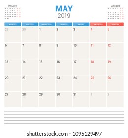 Calendar planner for May 2019. Week starts on Monday. Printable vector stationery design template