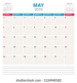 Calendar planner for May 2019. Week starts on Sunday. Printable vector stationery design template