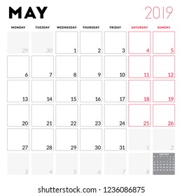 Calendar planner for May 2019. Week starts on Monday. Printable vector stationery design template