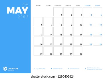 Calendar planner for May 2019. Week starts on Monday. Printable vector stationery design template