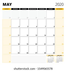 Calendar planner for May 2020. Stationery design template. Week starts on Sunday. Vector illustration