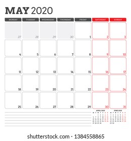 Calendar planner for May 2020. Week starts on Monday. Printable vector stationery design template