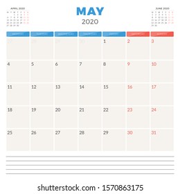 Calendar planner for May 2020. Week starts on Monday. Printable vector stationery design template