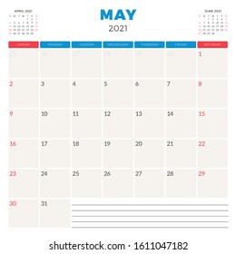 Calendar planner for May 2021. Week starts on Sunday. Printable vector stationery design template