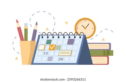 Calendar or planner with memos, meetings and dates with tasks and priority. Vector isolated organizer on table with textbooks, clock and pencils on cup. Business tools for productivity boost