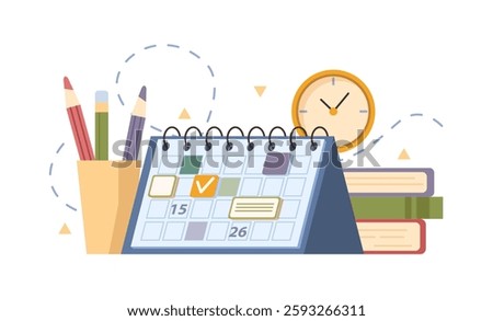 Calendar or planner with memos, meetings and dates with tasks and priority. Vector isolated organizer on table with textbooks, clock and pencils on cup. Business tools for productivity boost