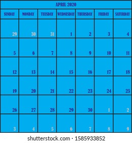 CALENDAR PLANNER MONTH APRIL 2020 ON BLUE BACKGROUND