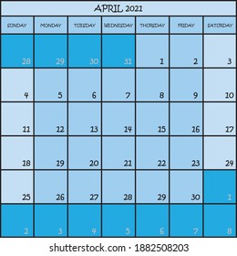 CALENDAR PLANNER MONTH APRIL 2021 ON THREE SHADES OF BLUE COLOR BACKGROUND 