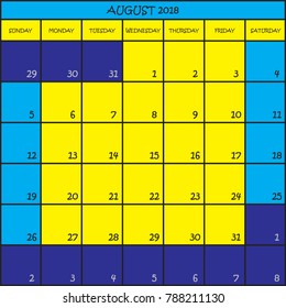 CALENDAR PLANNER MONTH AUGUST 2018 ON TRANSPARENT BACKGROUND