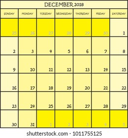 CALENDAR PLANNER MONTH DECEMBER 2018 ON THREE SHADES OF YELLOW COLOR BACKGROUND 
