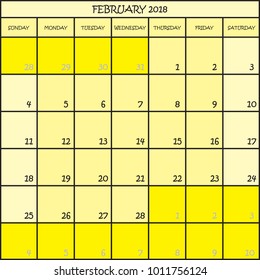 CALENDAR PLANNER MONTH FEBRUARY 2018 ON THREE SHADES OF YELLOW COLOR BACKGROUND 