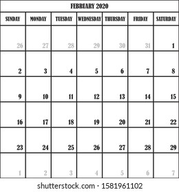 CALENDAR PLANNER MONTH FEBRUARY 2020 ON TRANSPARENT BACKGROUND