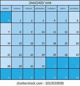 CALENDAR PLANNER MONTH JANUARY 2018 ON THREE SHADES OF BLUE COLOR BACKGROUND 