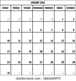CALENDAR PLANNER MONTH JANUARY 2021 ON TRANSPARENT BACKGROUND DESIGNER CUT