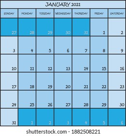 CALENDAR PLANNER MONTH JANUARY 2021 ON THREE SHADES OF BLUE COLOR BACKGROUND 